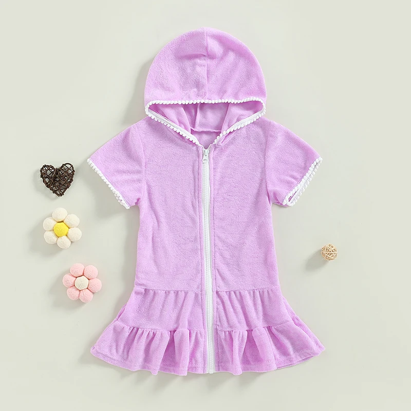FOCUSNORM 2-11Y Toddler Kids Girls Swimwear Cover Up Dress Short Sleeve Zip Up Ruffles Solid Beach Dress for Kids