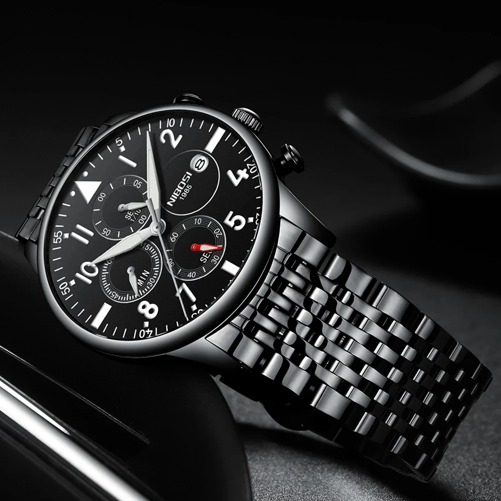 NIBOSI Brand Luxury Quartz Watches Men's  Stainless Steel Waterproof Calendar Fashion Chronograph Watch Men Relogio Masculino