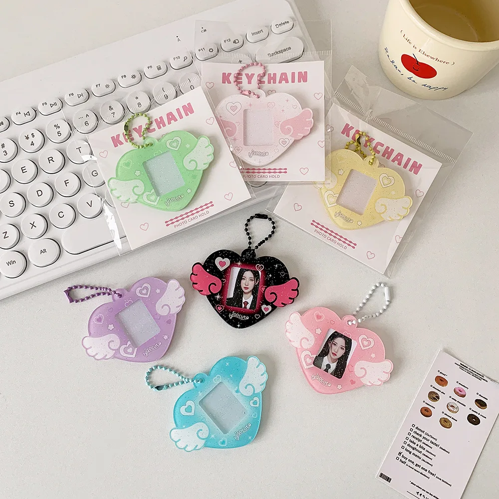 INS Style Korean Style Heart Wings Hard Card Folder Brick Acrylic For 1 inch ID Photo Storage Display Pendant Keychain Ornaments