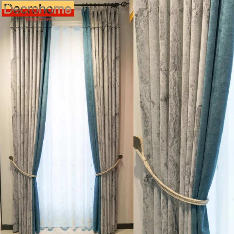 

Grey Window Screen Marble Jacquard Thickened Chenille Patched Curtains for Bedroom Living Room French Window Customized Products