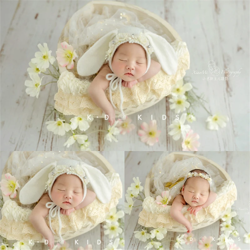 Newborn Baby Photography Props Bunny Hat Spring Floral Posing Basket Theme Set Fotografia Photoshoot Studio Shoot Photo Props