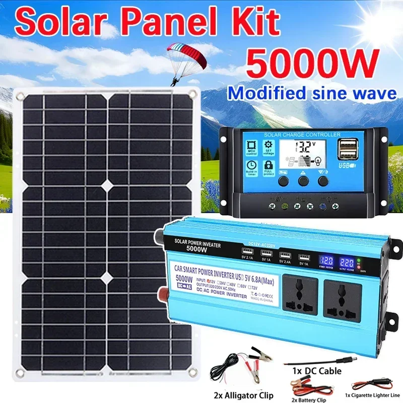 5000W Solar Panel Modified Sine Wave 12V 18V To 220V Kit Solar Power System Charge Panel+30A Controlle Power Generation