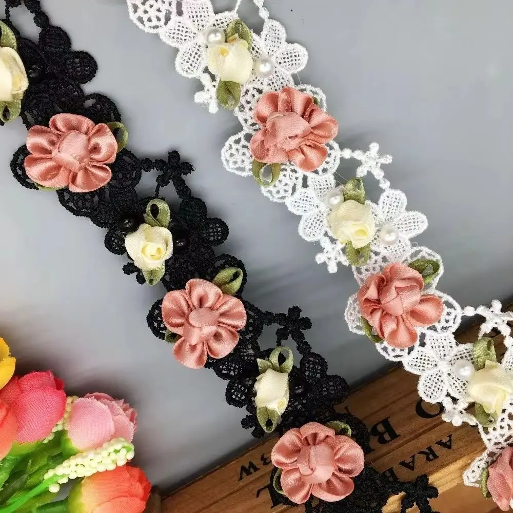 Elegant Rose Pearl Beaded Lace Trim Ribbon