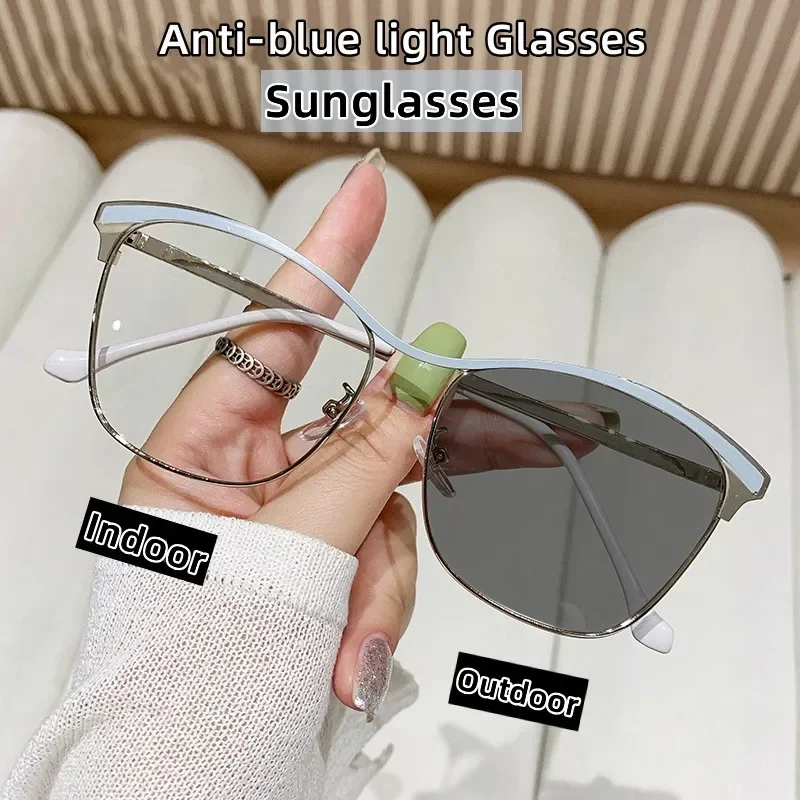 

Luxury Cat Eye Anti Blue Light Photochromic Glasses Women Brand Designer Metal Sunglasses Computer Optical Spectacle Eyeglasses