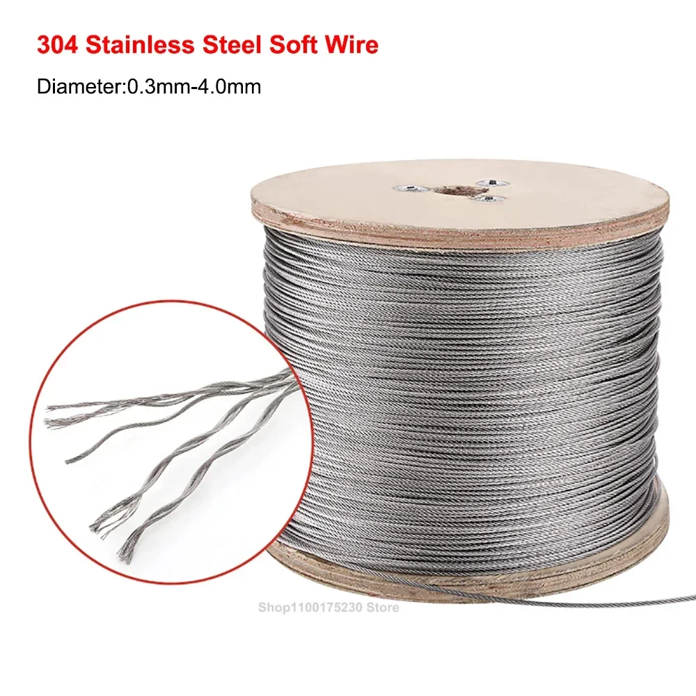 Diameter 0.3mm-4.0mm 304 Stainless Steel Wire Rope Soft Cable Fishing Clothesline Lifting Rustproof Line 7x7 Structure