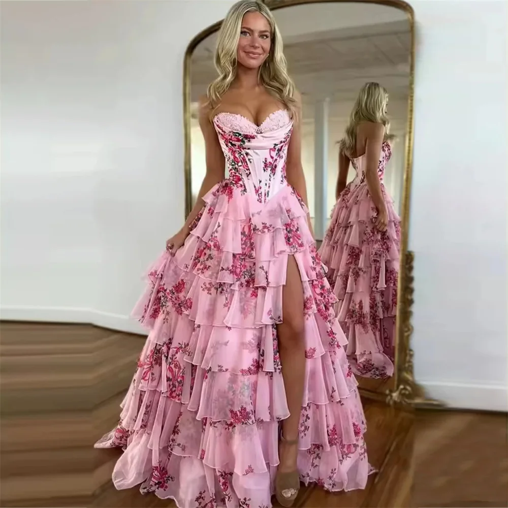Floral Printed Maxi Summer Dresses for Teens 2026 Tiered Corset Strapless  Sweetheart Formal Evening Prom Dress with Slit - AliExpress 200000345