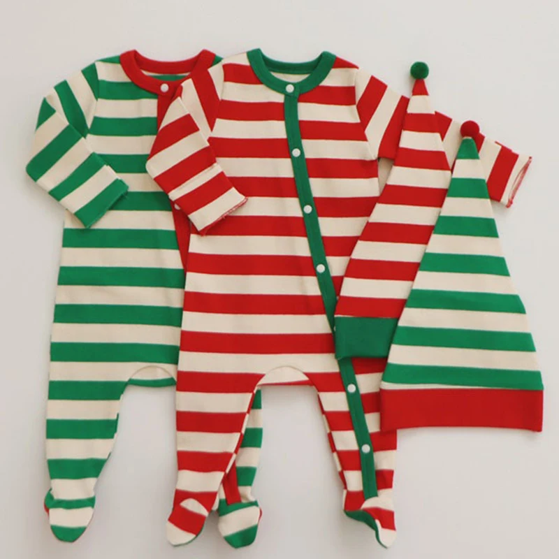 

Christmas Children Jumpsuit Wear Cute Newborn Infant Baby Boy Girl Kid Stripe Romper Playsuit Clothes Hat Long Sleeve Outfits