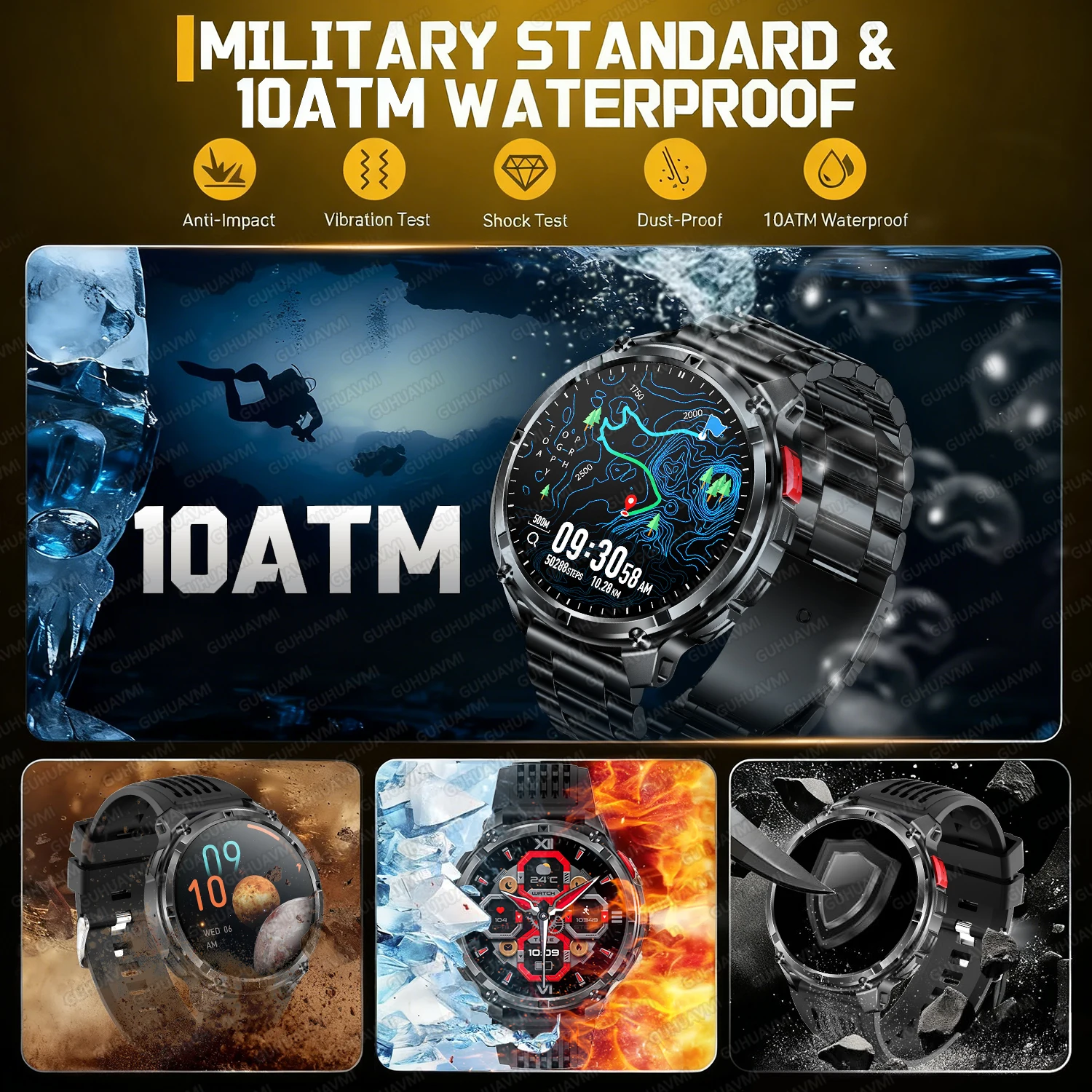 2026 GPS New 1100mAh Battery Adult Smart Bracelet 10ATM Waterproof Flashlight Call Smart Watch Men Outdoors Sport Swim Watches