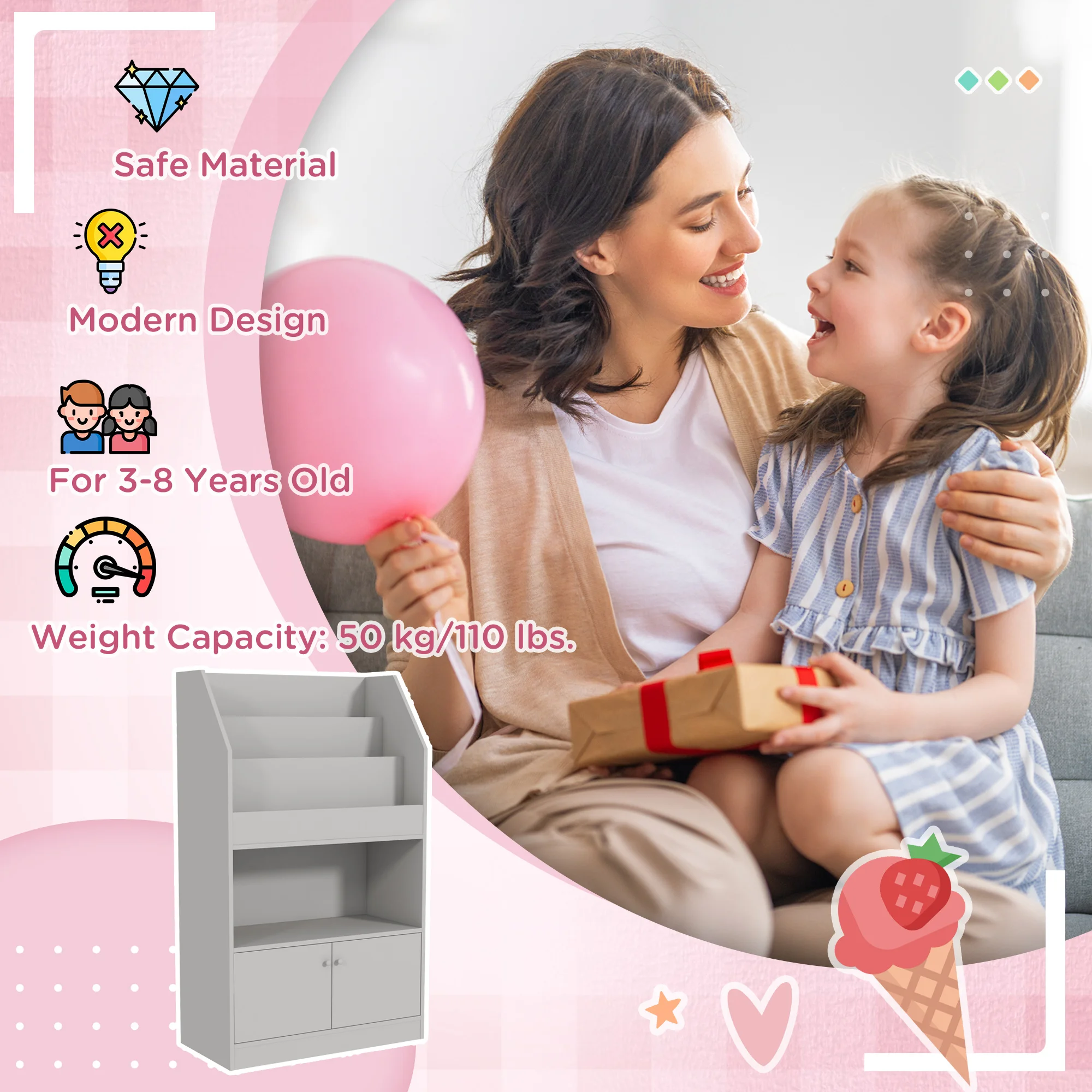 Toy Storage Cabinet, Kids Bookcase Childrens Bookshelf, Gray 5