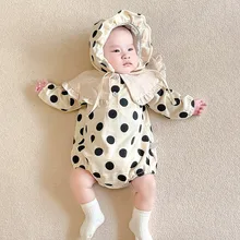 

Newborn Baby Romper Soft Comfortable Pure Cotton Breathable Absorb Sweat Polka Dot Print Triangle With Detachable Hat Jumpsuit