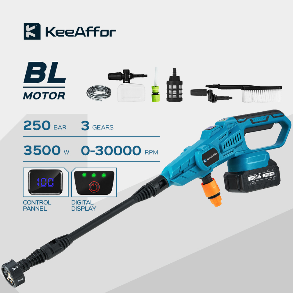 KEEAFFOR 250Bar 3500W High Pressure Brushless Car Washer Gun 6-in 1 Rechargeable Cordless Car Washing Gun for Makita 18V Battery