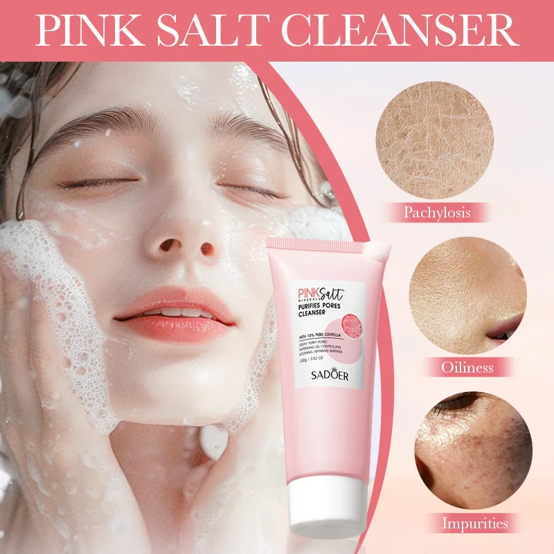 SADOER Himalayan Pink Salt Facial Cleanser Deep Cleansing Moisturizing Face Wash Foam Cleanser Face Cleansing Skin Care