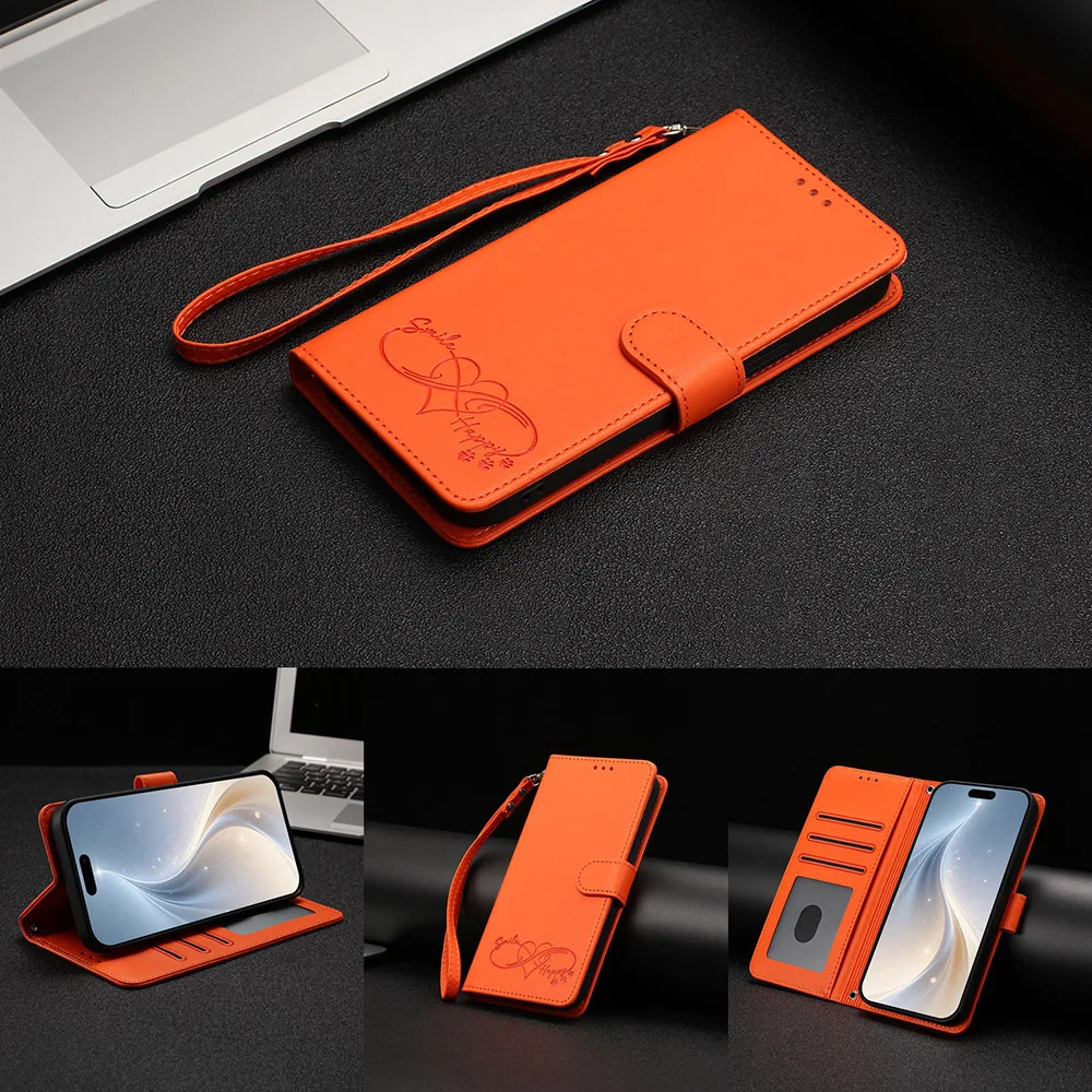 Leather Stand Flip Wallet Phone Cover with Card Holder and Strap