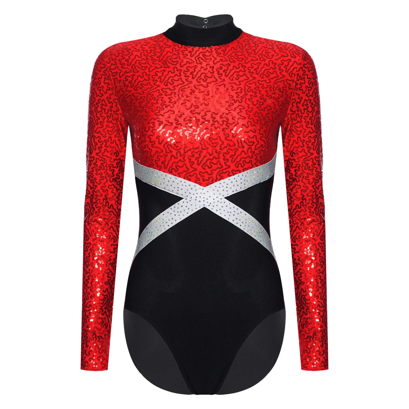 Womens Sequins Ballet Gymnastics Leotard Rhinestone Skirted Bodysuit with Long Sleeve Back Cutout for Figure Skating Dancewear