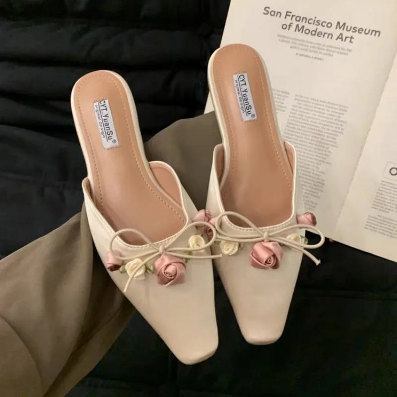 2025 Elegant  Women Cover Toe Slippers Sexy Satin Lace Pointed-toe Flats Gentle Rose Flower Bowknot Pumps Girl Thin Casual Shoes 3