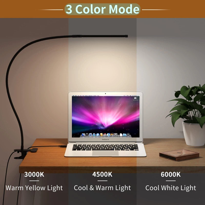LED Desk Lamp With Clamp USB Power Dimmable Clip On 10 Brightness Level 3 Lighting Modes Flexible Study Table Reading Book Light - 2