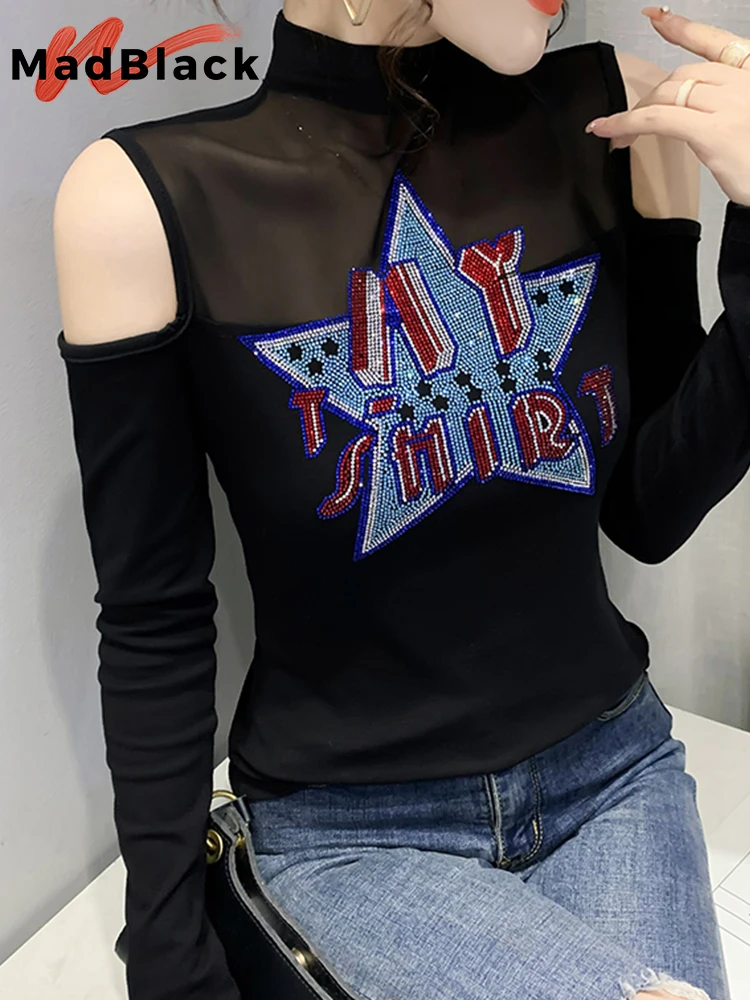 

Осенне-зимняя сетчатая прошивка с высоким воротником модная длинная рубашка с открытыми плечами и длинным рукавом T21407X