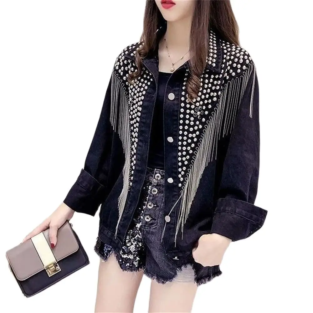 

2024 Beaded Rivets Casual Outwear Tops Spring Black Denim jacket For Women Coats Long Sleeve Autumn Loose Fringe Jean Jackets