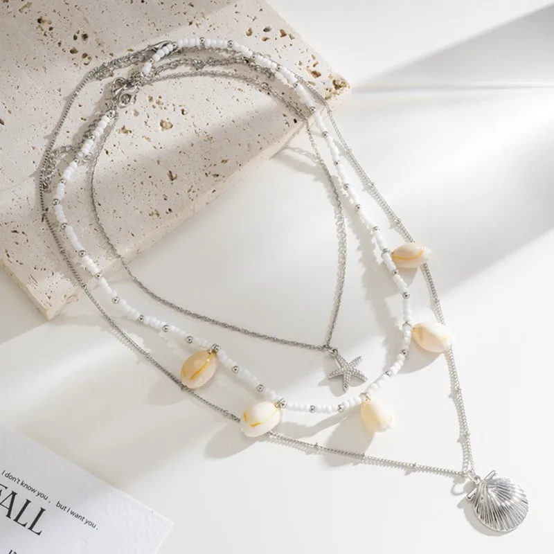 Multi Layered Pearl Shell Starfish Necklace for Women Elegant Lady Handmade Summer Vocation No Rusting Chain Necklaces Jewelry