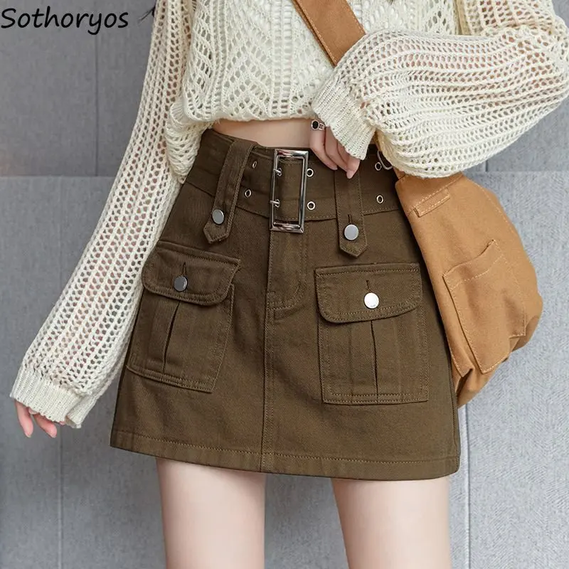 

Denim Skirts Women Belt Simple Designed Personality Cool Leisure Basic Delicate Comfortable All-match Modern Korean Style Spring