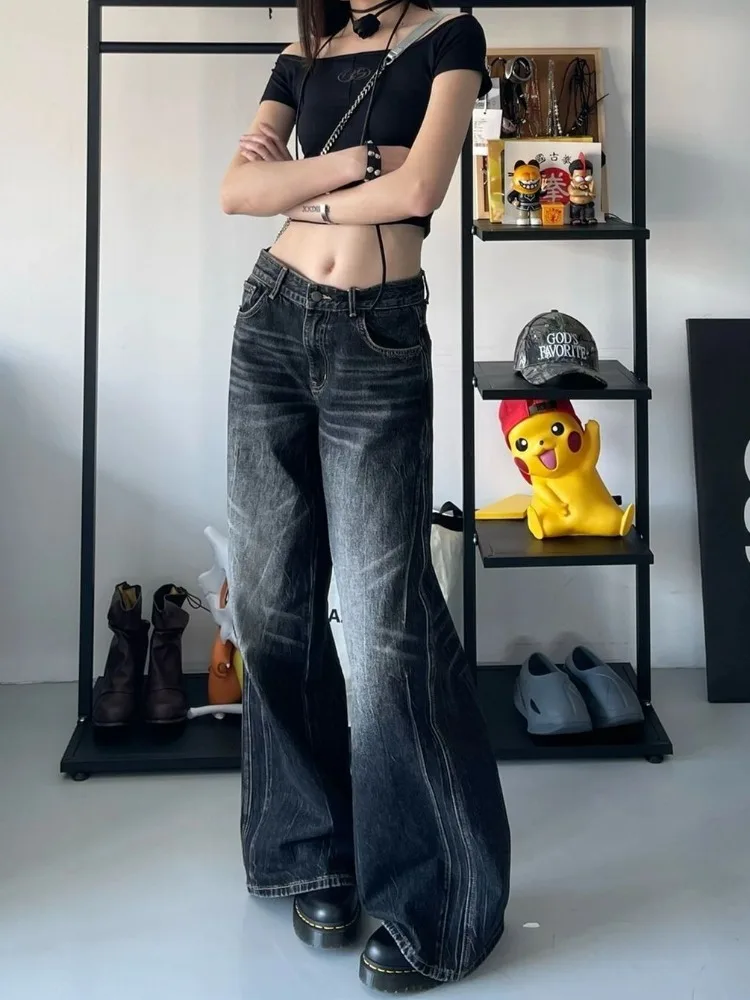 Houzhou Grunge Y2K Jeans Neri Donna Baggy Vintage High Street Pantaloni In Denim Oversize Gothic Gyaru 2000S Acubi Fashion Jeans