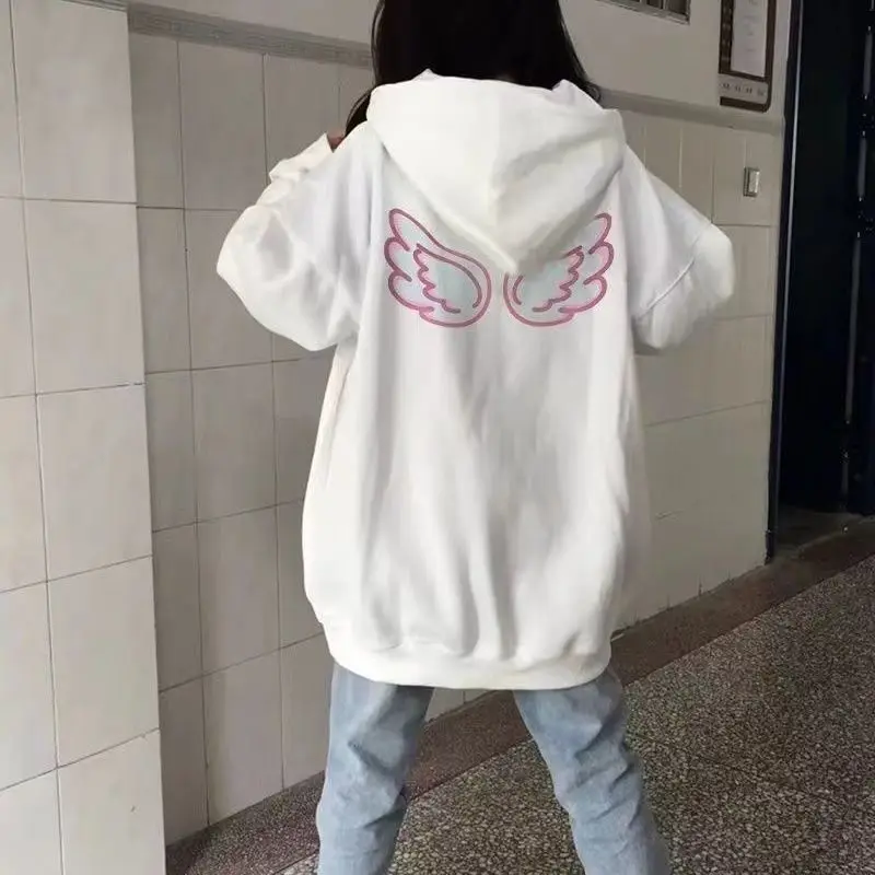 

QWEEK Harajuku Hooded Sweatshirt Cutecore Women's Oversize Hoodie Long Sleeve Korean Style White Pullovers Wings Y2k Vintage Top