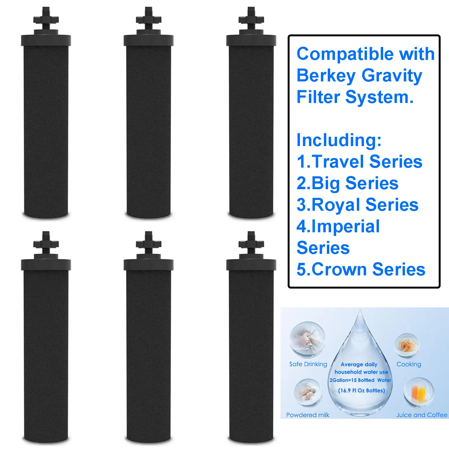 6-2Pcs Filter Replacement for Berkey BB9-2 Water Filter Fit for Berkey Gravity Water Filter System Black Activated Carbon Filter