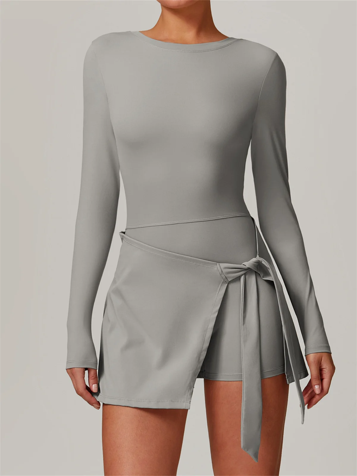 Fake Two Anti Light Tight Tennis Dress for Women with Built in Shorts Womens Long Sleeve U-shaped Back Workout Skort Dress