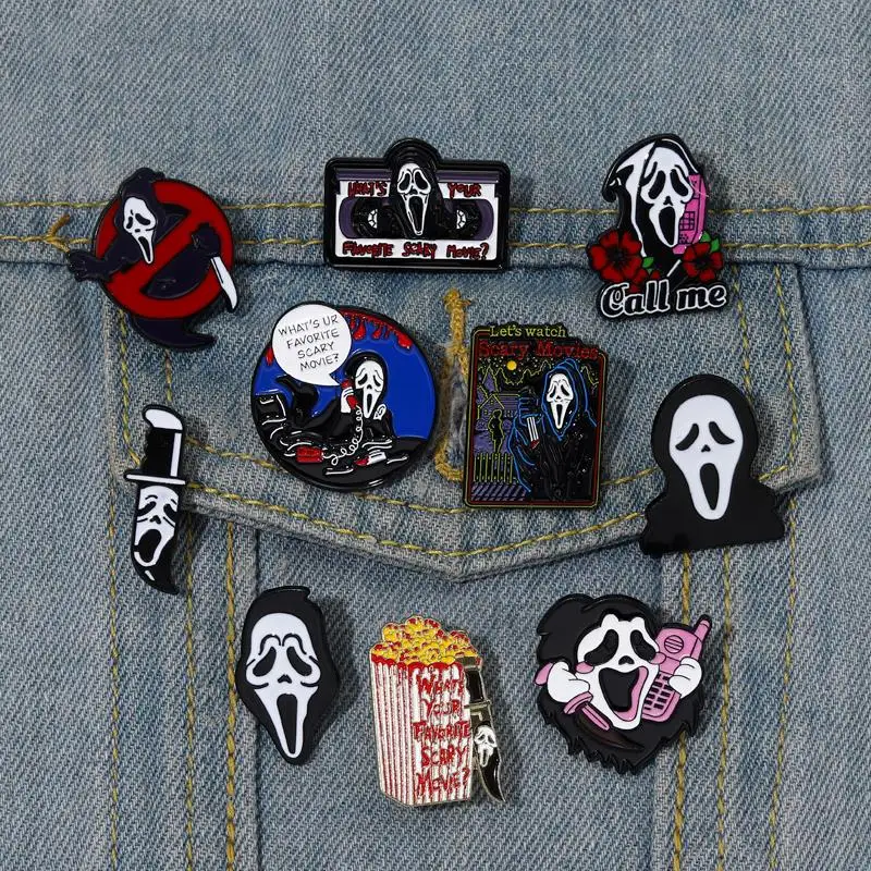 

Call Me Enamel Pins What's Your Favorite Scary Movie Custom Brooches Lapel Badges Gothic Punk Skeleton Jewelry Gift for Friends