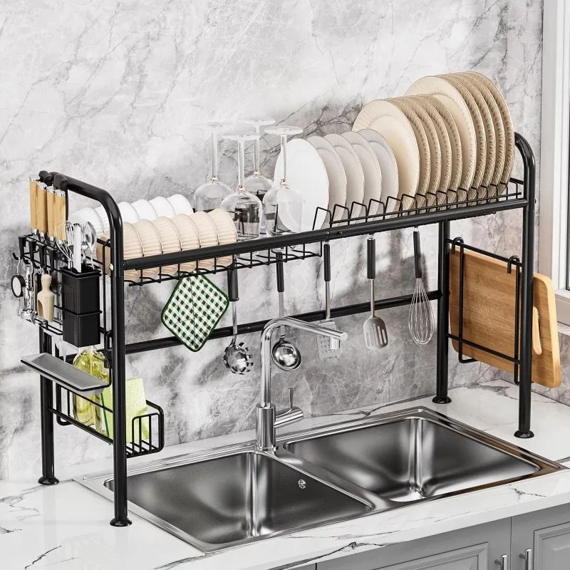 Over-Sink Dish Drying Rack with Sponge Holder Multi-Functional Kitchen Storage Shelf for Plates Utensils and Cleaning Tools