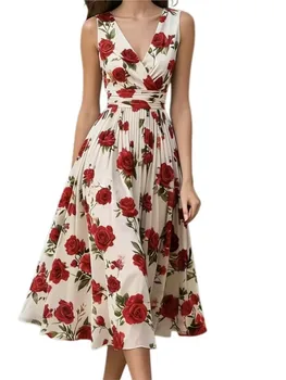 Boho Floral Print Elegant Party Dresses Womens Sexy V Neck High Waist Pleated Slim Long Dress Summer Sleeveless Vacation Dress 1