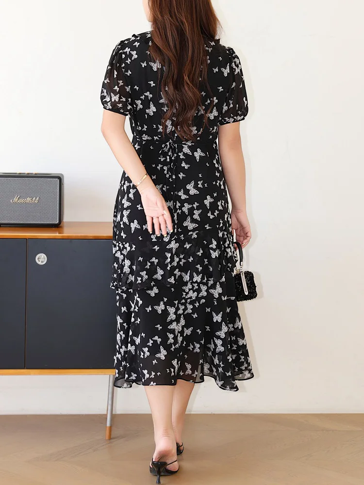 Plus Size Women's V-Neck Ruffle Butterfly Floral Tea Dress Premium Elegant Print Puff Sleeve A-Line Maxi Dress With Ruffled Hem