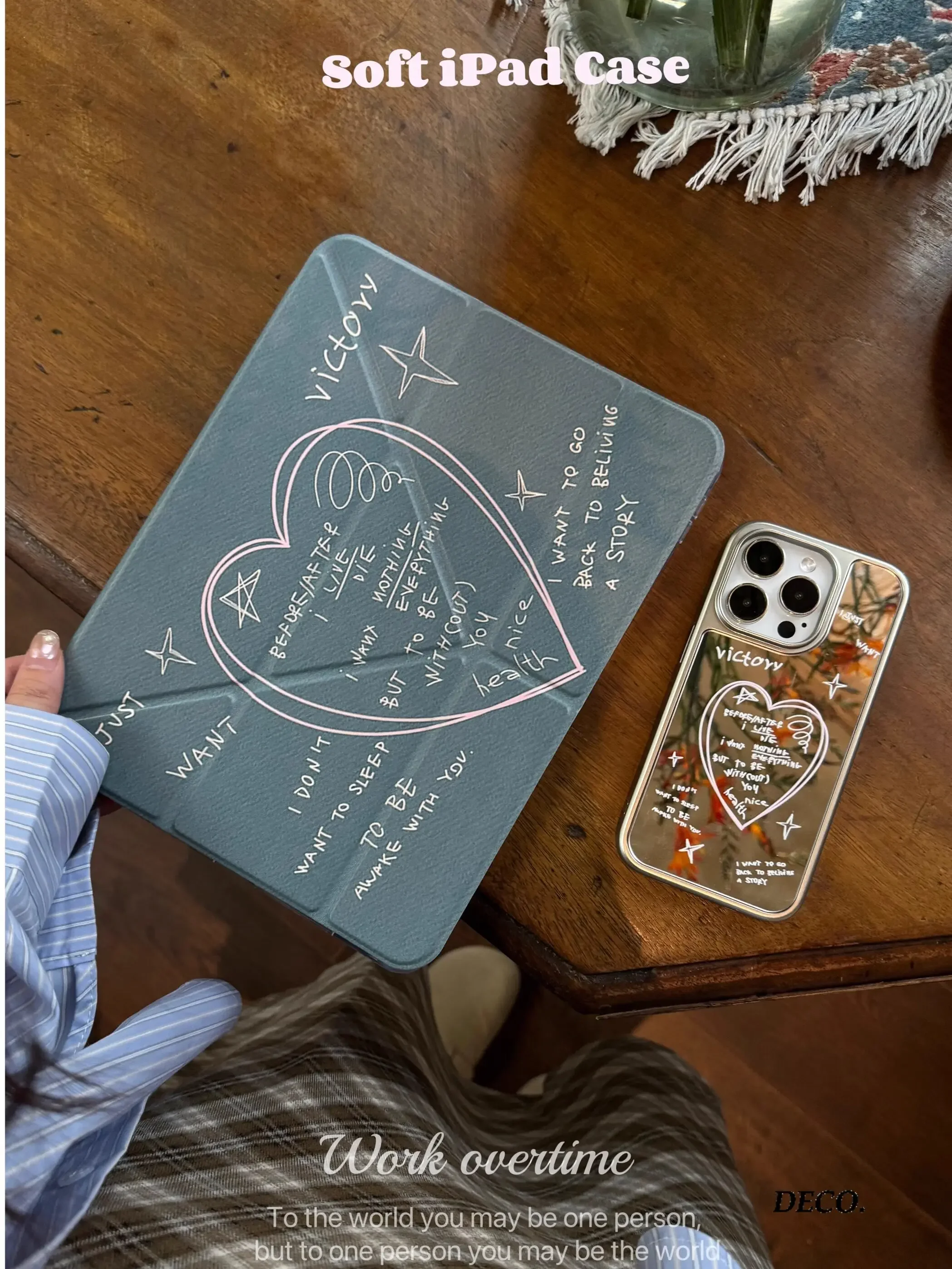 Denim-Style Minimalist Heart-Motif Tablet Case with 3+Y-fold Design