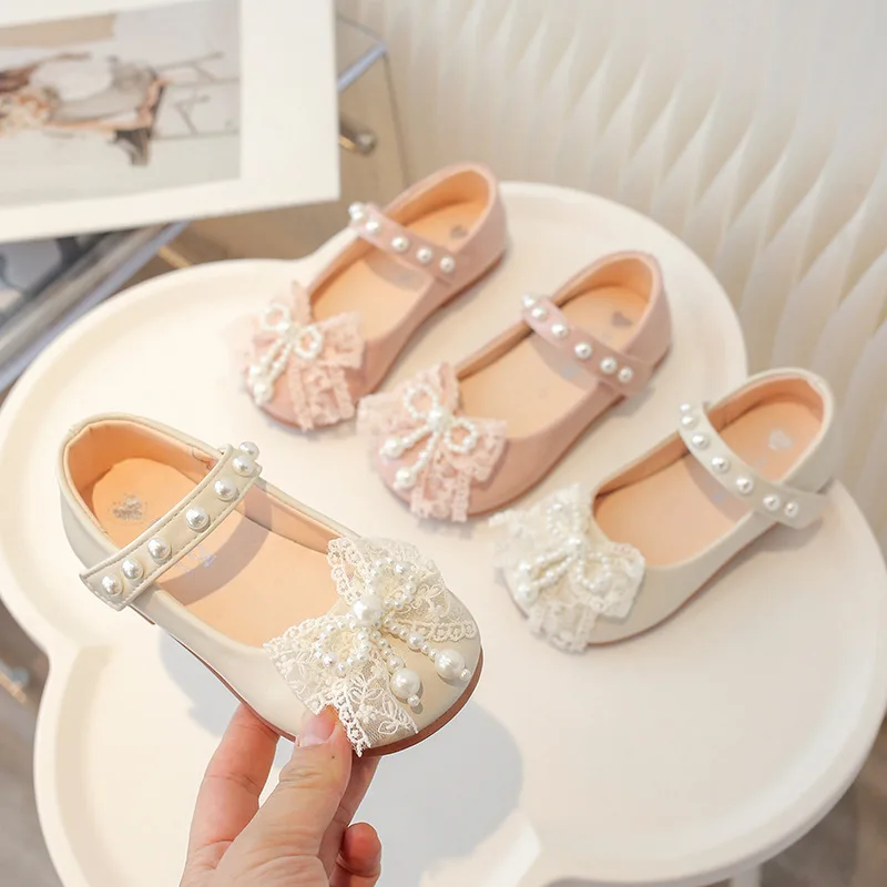 Spring New Children's Leather Shoes Fashion Lace Bow Girls' Princess Shoes Soft Sole Anti Slip Baby Kid's Casual Flat