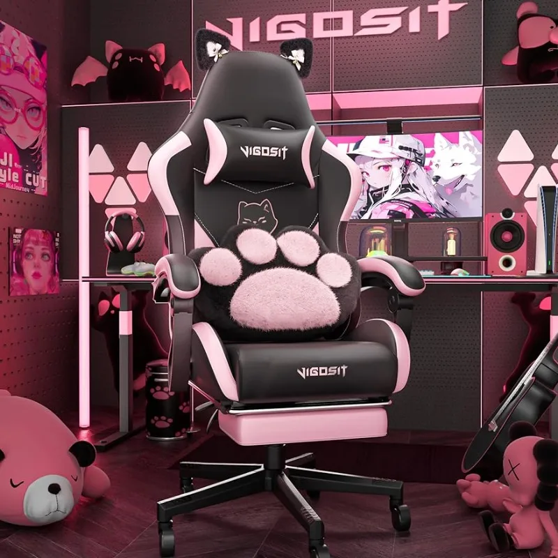 

Cute Gaming Chair w/ Cat Paw Lumbar Cushion and Cat Ears, Ergonomic Computer Chair w/ Footrest, Reclining PC Game Chair for Teen