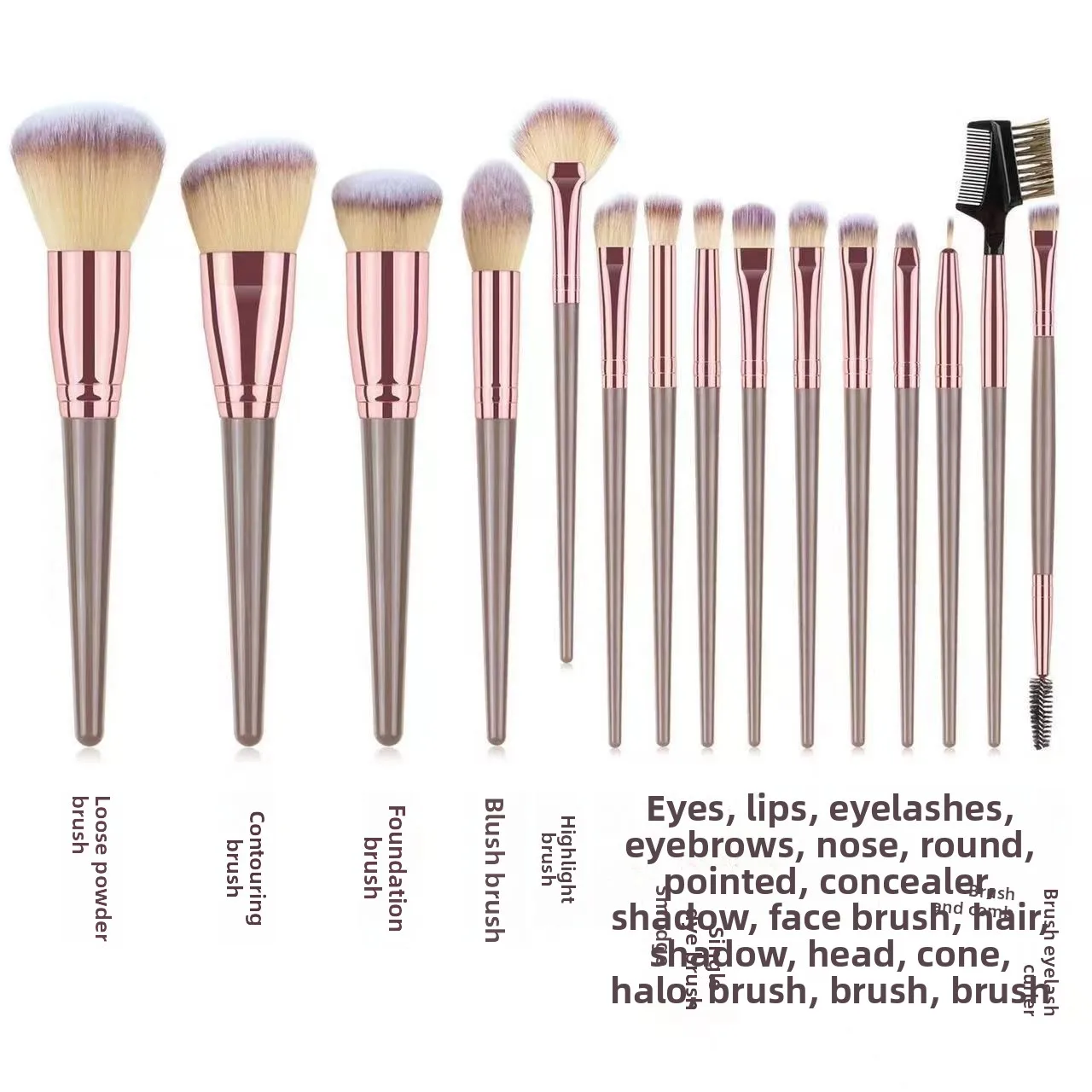 Set di 15 Pennelli per Trucco, Kit Completo per Polvere, Blush, Contorno, Ombretto, Labbra, con Manici Rosa, Pennelli Cosmetici per Fondotinta Liquido - immagine 5