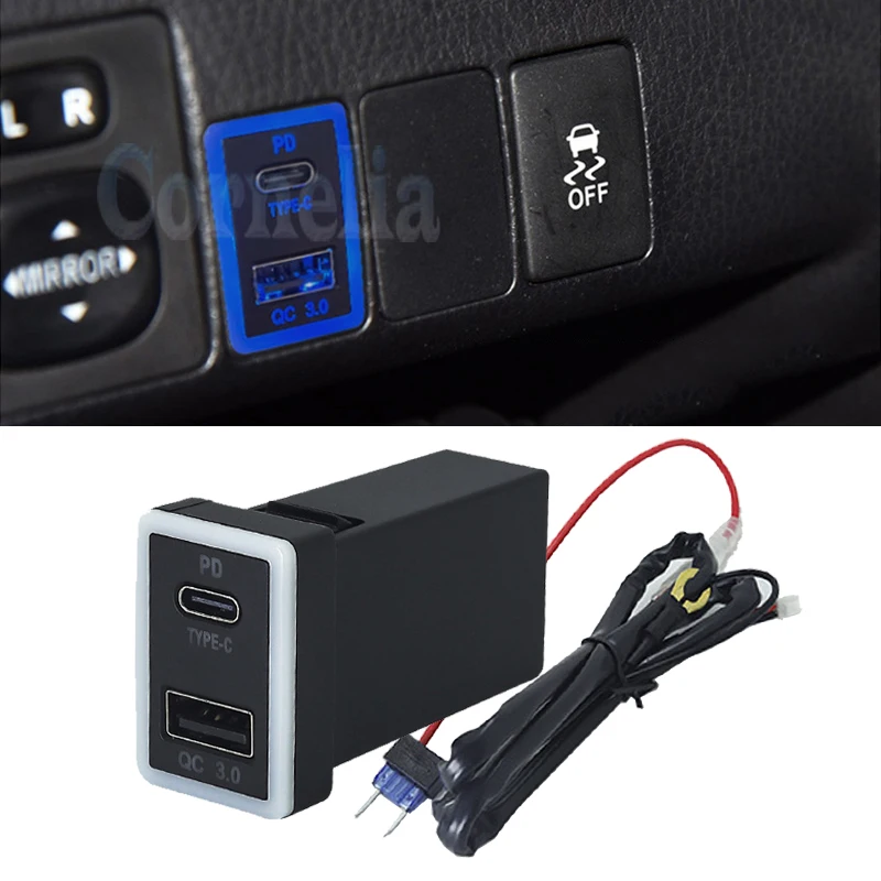 Blue Red Light Car Charger Typec Pd Qc3.0 Usb Interface Dual Socket
