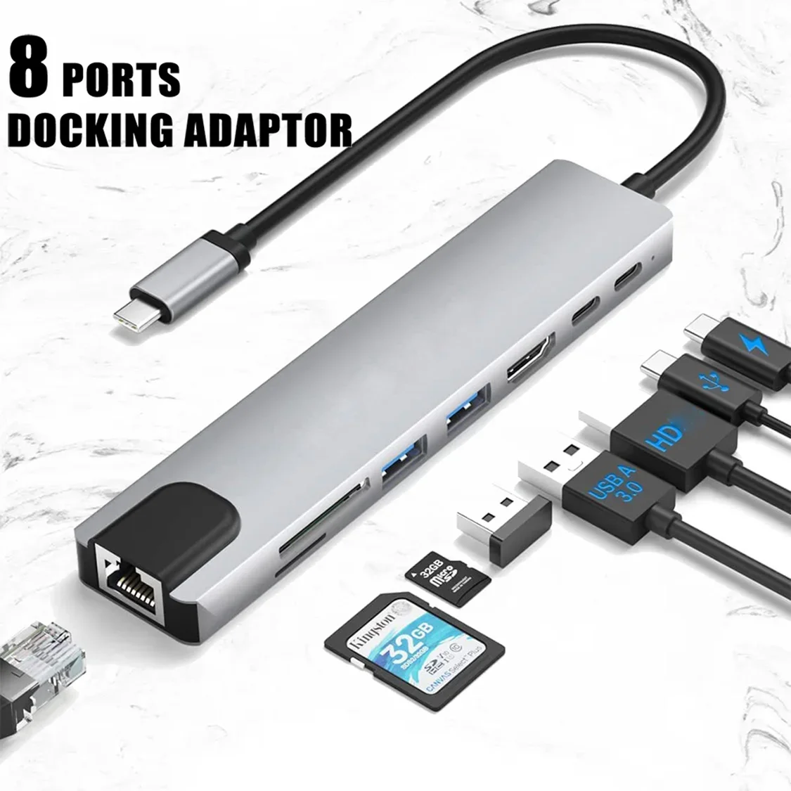 맥북  맥북용 USB C 허브 어댑터, PC PD 충전, 8 포트 도크 스테이션, RJ45, HDMI 호환 TF/SD 카드, 맥북 C타입 스플리터, 8 in 1 