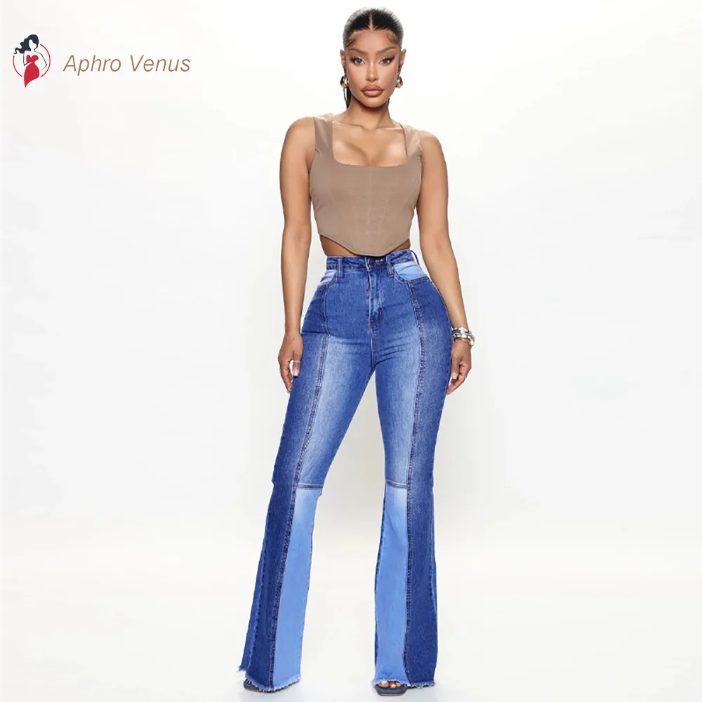 Women's Personalized Spliced Flare Jeans Slimming Calf Full Length Denim Pants 2023 Summer New Arrivals kbq streewear spliced mesh flare jeans