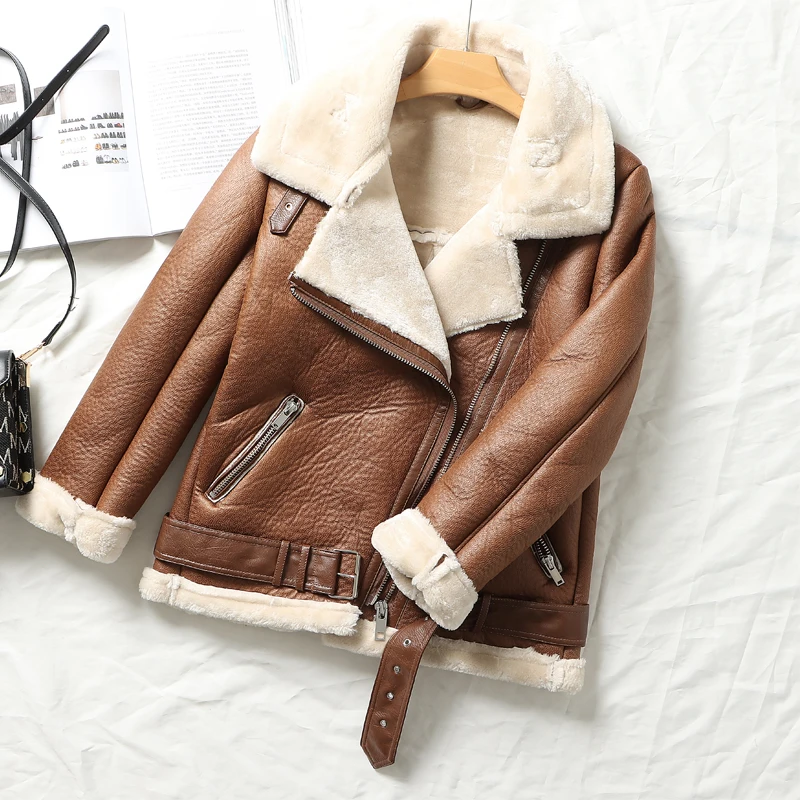 2022 Winter Thick Warm Faux Leather Jackets Women Sheepskin Coat Female Fur Leather Jacket