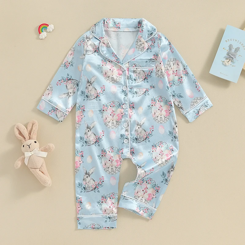 Cute Silk Satin Baby Sleepwear For Boys Girls Pajama Romper Lapel Neck Long Sleeve Rabbit Print Toddler Lounge Easter Clothes