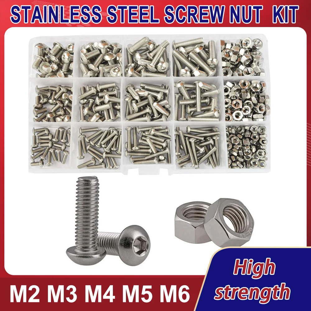 

M2 M3 M4 M5 M6 304 Stainless Steel Pan Head Cap Hex Socket Bolt and Hexagon Metric Thread Nut Assortment Kit Screw And Nut Set
