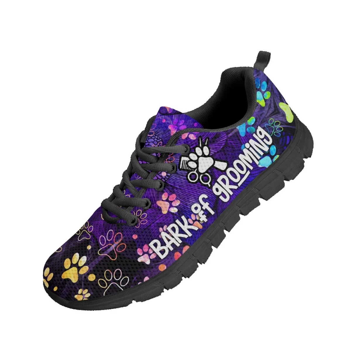 INSTANTARTS Dog Groomer Hairdresser Purple Design Women's Flat Shoes Comfortable Light Lace-up Sneakers Dog Paw Print Walkings