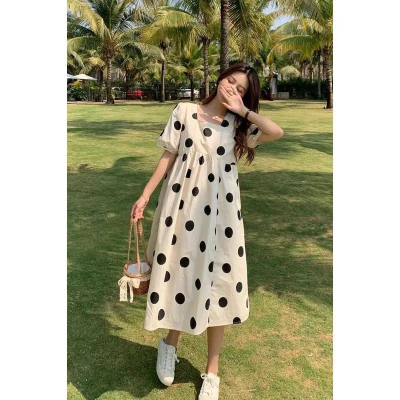 Maternity Summer Dress Fashionable Mid-Length Outfit Women's Clothing Korean Style Loose Waist Short Sleeve Polka Dot Print - 5