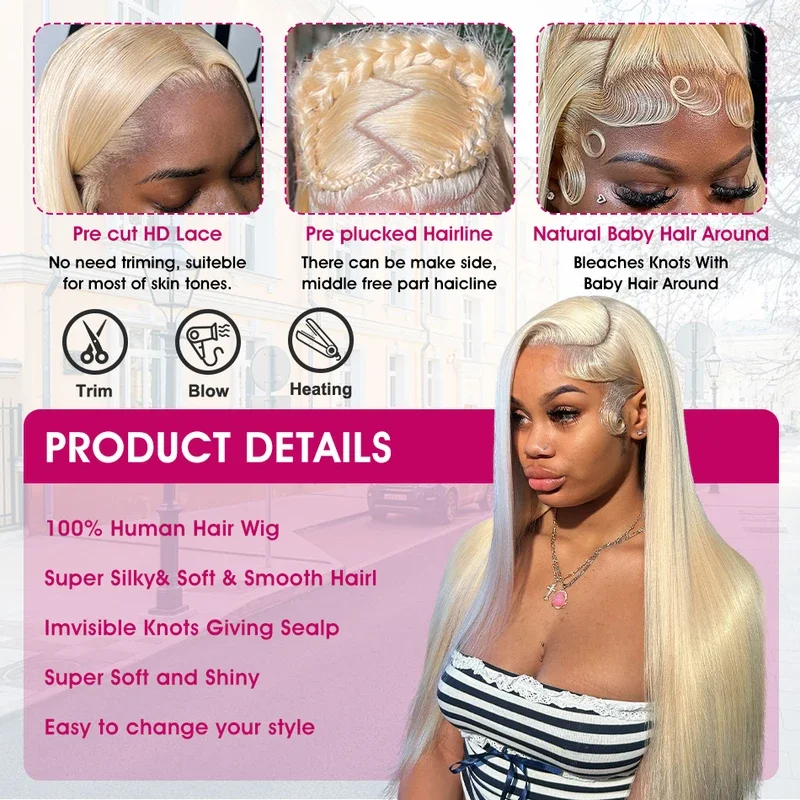 Blonde 613 Straight Wigs Human Hair 13x6 HD Lace Front Human Hair Wigs 250%Density 613 Lace Front Brazilian Remy Wig 26 Inch