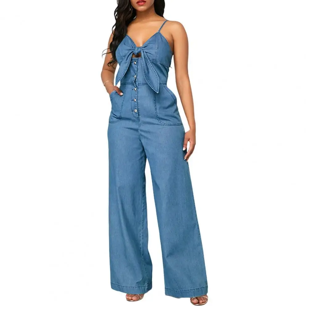 

Lady Jumpsuit Bow-knot Decor Sleeveless Straight Pants V Neck Hollow Out Summer Denim Romper Female Clothes боди женское