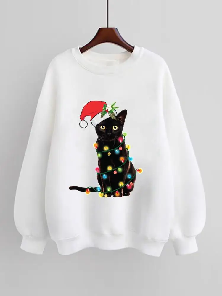 

Cat Cartoon Sweet 90s Trend Women Fleece Holiday Clothing Christmas New Year Fashion Pullovers Print Female Graphic Sweatshirts