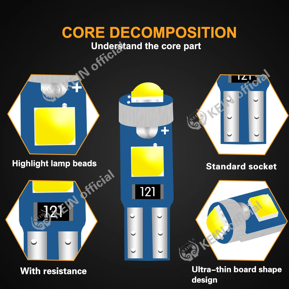 KEIN 10PCS Meter Bulb T5 Led W3W Instrument Dash Lights 73 74 17 27 Signal Bulb Auto Interior Neo Wedge Dashboard Dash Side Lamp