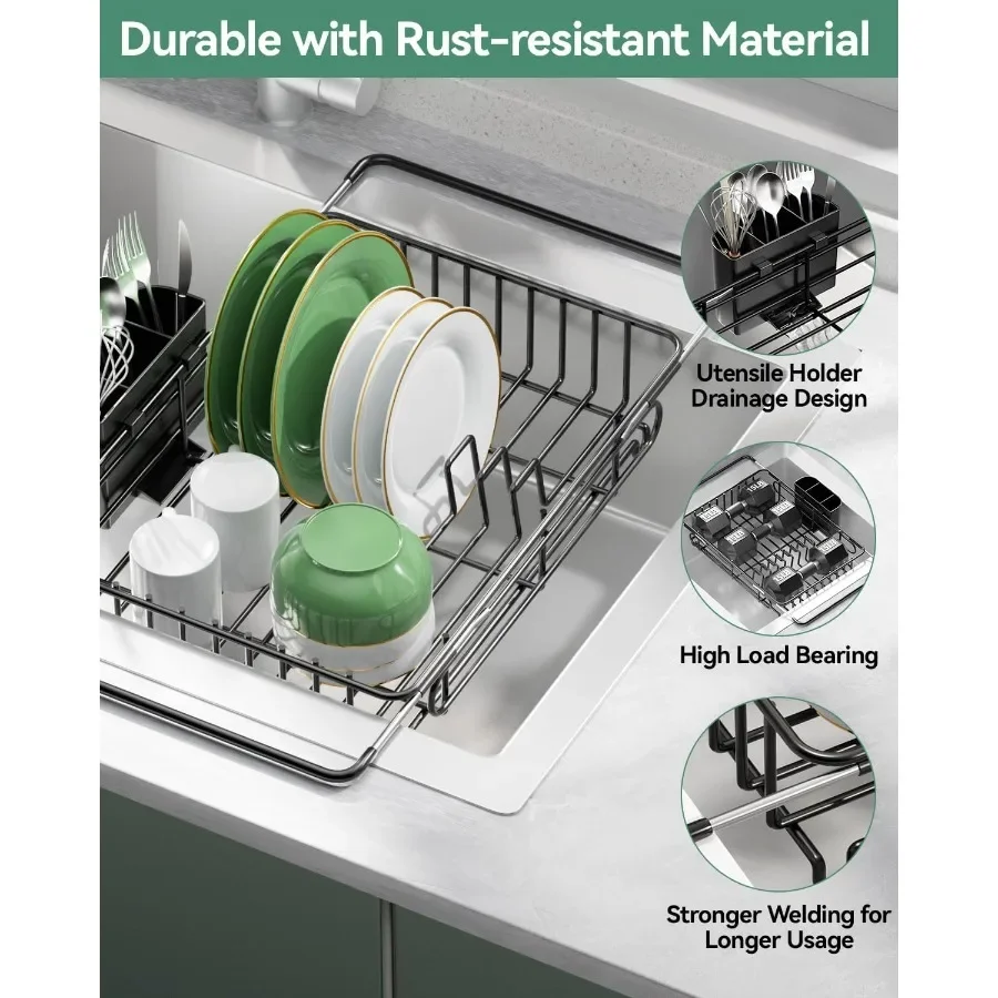 Expandable Dish Drying Rack for inSink OverSink and Counter Use Dish Drainer with Removable Cutlery Holder Space Saving No Asse