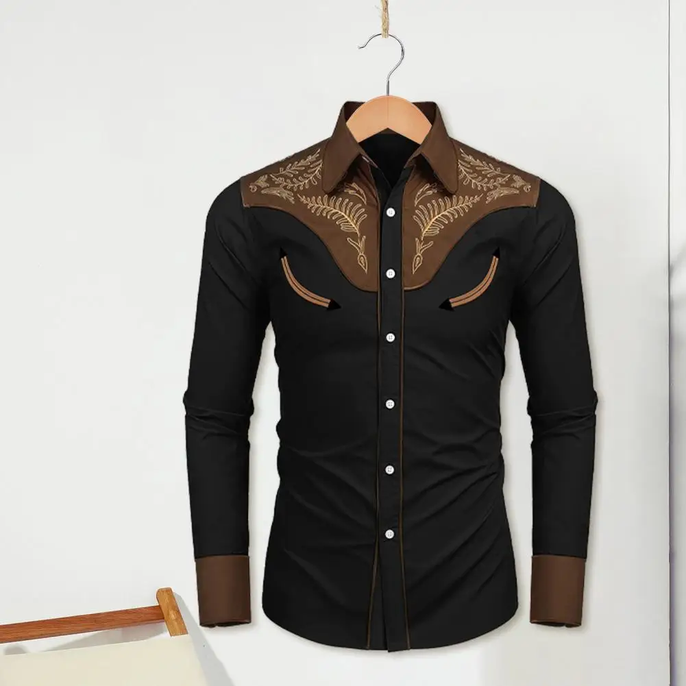 

Color Contrast Casual Men Shirt Vintage Ethnic Style Men's Long Sleeve Cardigan with Color Matching Print Loose Fit Spring Fall